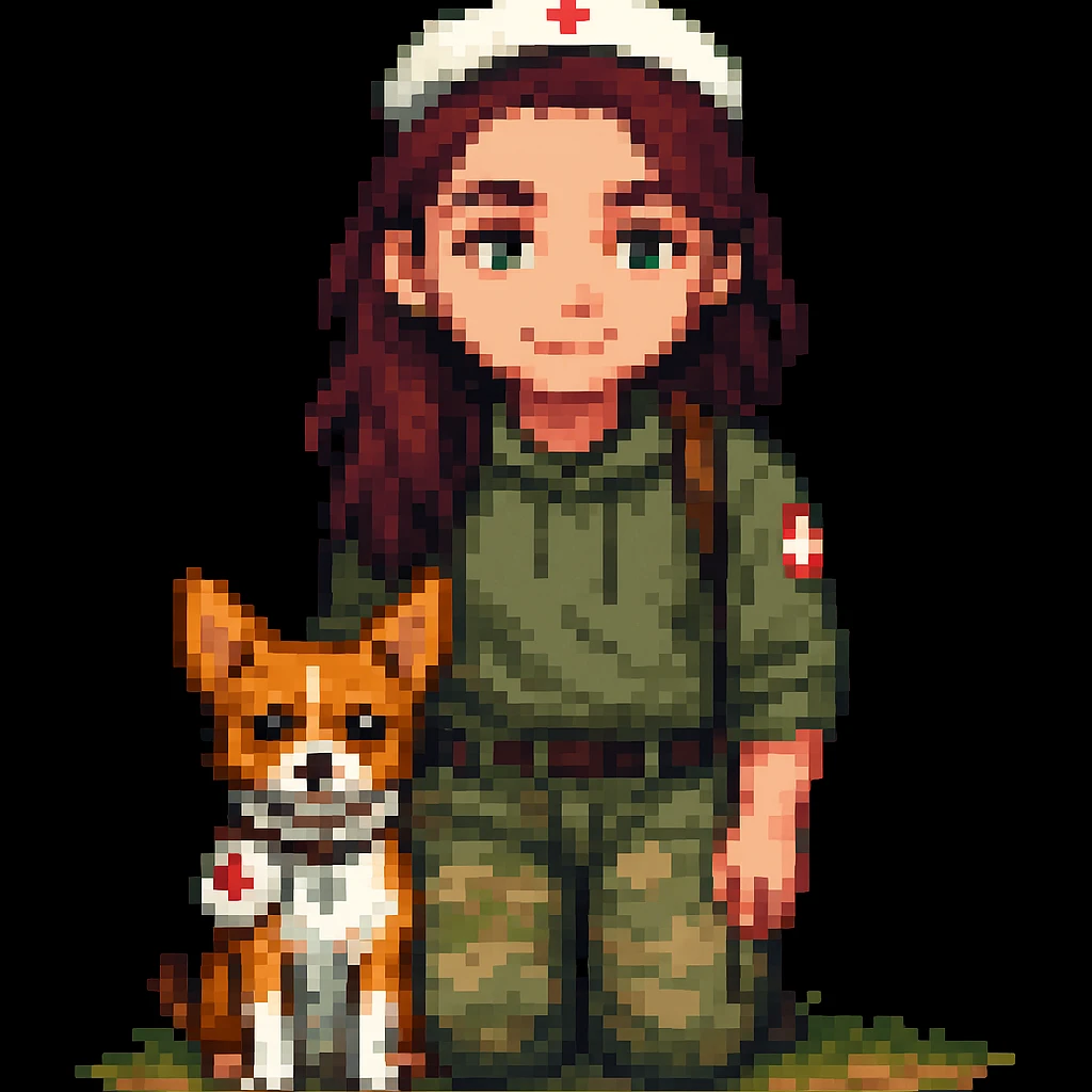 military girl, a medic with a small dog, pixel art style, make the character look like her emoji