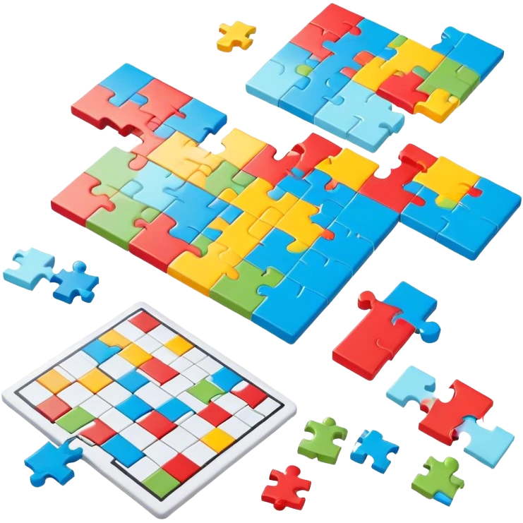A photorealistic icon with a colorful, fragmented puzzle piece, a crossword magazine, a 3D puzzle, and a partially completed puzzle on a table. Bright, detailed design with realistic lighting. Transparent background, clearly symbolizing puzzles and brain games. emoji