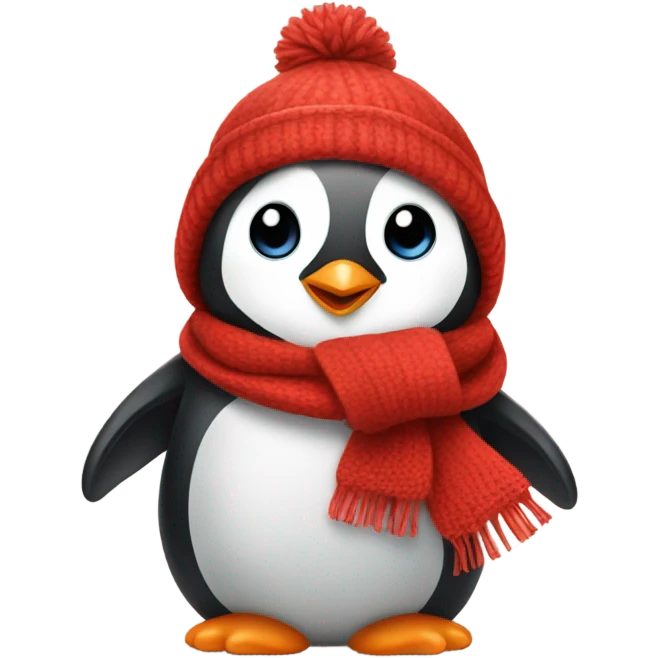 a baby penguin in a red scarf and hat emoji