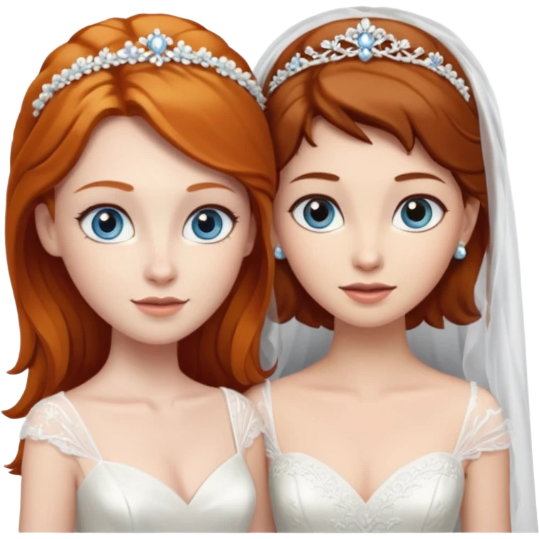 A ginger woman with blue eyes, marrying a taller woman with dark brown hair and hazel eyes, both in wedding dresses. emoji