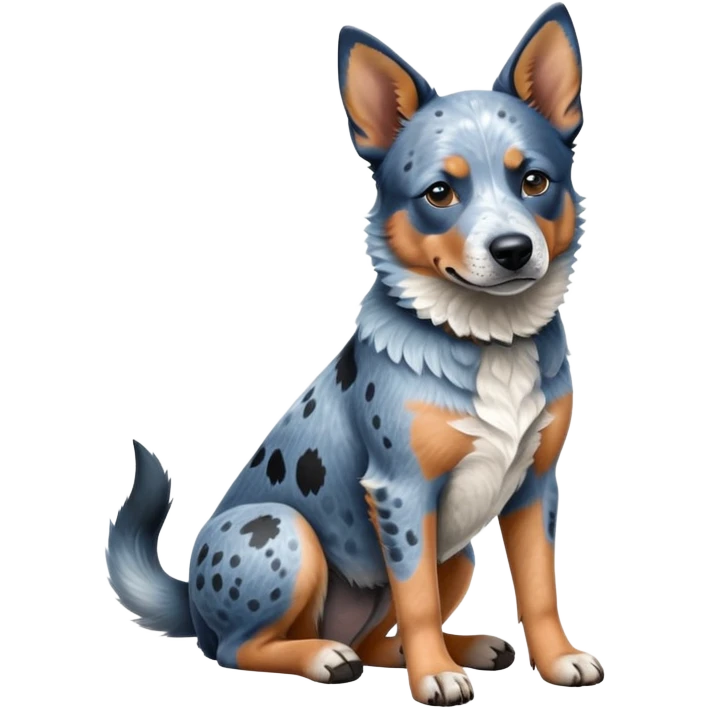 cinematic-[australian catle dog]-realistic-full-body-sitting-emoji,-tail-resting-loosely-beside-its-paws,-head-tilted-dramatically,-sleek-[vibrant-blue-speckle-fur]-fur,-simplified-yet-realistic-focused-features,-highly-detailed,-glowing-with-an-almost-sarcastic-glow emoji