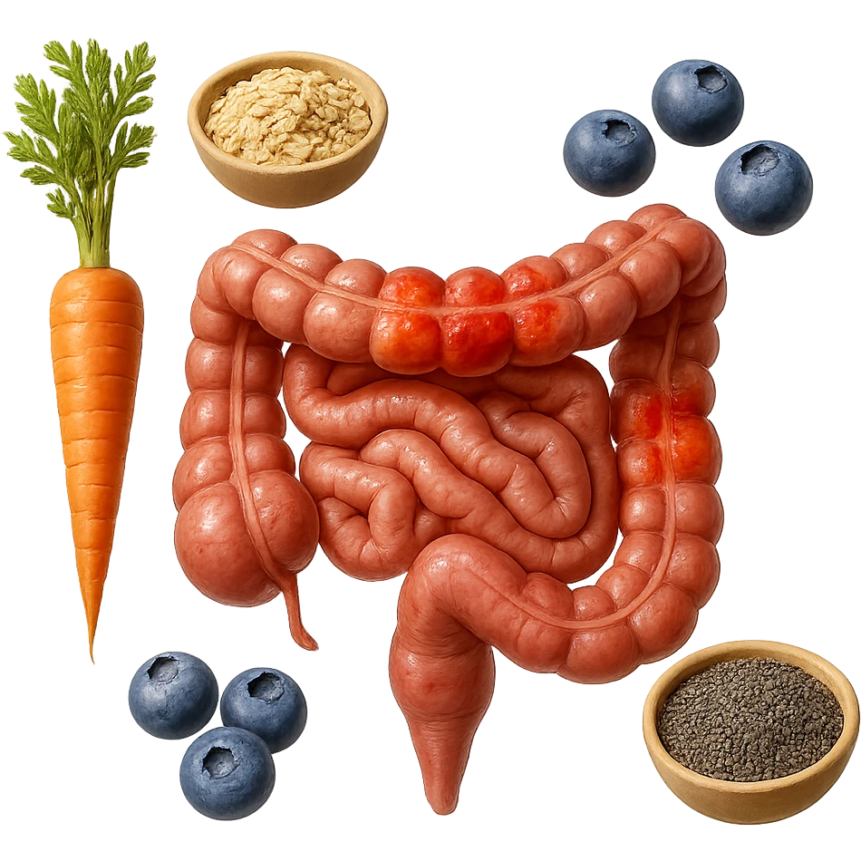 intestino umano anatomico infiammato al centro con carota, bowl di avena, mirtilli, bowl di semi di chia che gli fluttuano intorno , iperrealistico 4k emoji