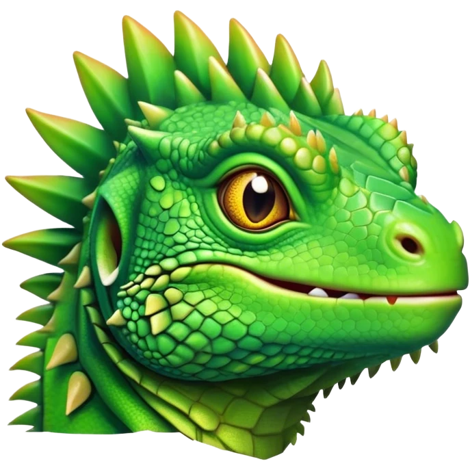Cinematic Cute Iguana Portrait Emoji, Head tilted playfully and inquisitively, featuring a delightfully vibrant, textured body with a subtle spiky crest and large, sparkling eyes full of gentle wonder, Simplified yet irresistibly adorable features, highly detailed, glowing with a warm, inviting jungle glow, high shine, affectionate and lively, stylized with a touch of whimsical reptilian charm, soft glowing outline, capturing the essence of a mischievous yet loving iguana that seems as if it could scurry out of the screen into your arms! emoji