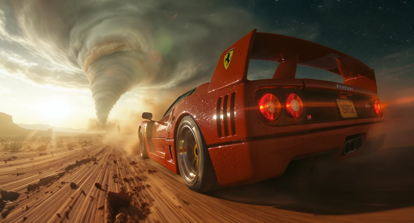 Cinematic still of a ferrari f40 around tornado od arizona desert, sun flare, captured by gopro hero with effect fisheye, water drops on car body, detailed, inspired by interstellar look, captured by a arri alexa, inspired by Wes Anderson emoji