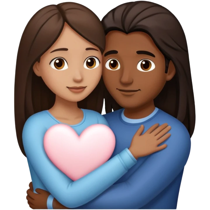 A couple hugging. The man has medium brown skin, dark brown slightly long straight hair. The woman has fair skin, long dark brown hair. White hearts around them. emoji