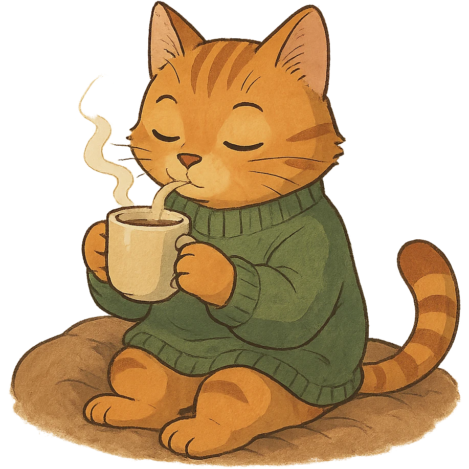 ghibli style cat sipping coffee, cozy weekend emoji