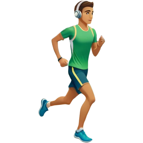 A runner wearing sports headphones jogs along a scenic waterfront promenade. The path is lined with trees, and the calm water reflects the golden hues of sunrise. In the background, a city skyline and distant mountains create a picturesque view. Transparent background enhances the motion. emoji