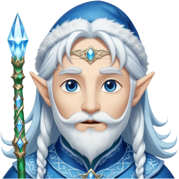 Legendary fantasy Christmas elf portrait icon, Santa Claus and Snow Maiden inspired, ancient winter spirit style, long flowing white-blue hair, glowing frost eyes, crystal staff, elegant elven features, divine winter magic aura, icy silver color palette, highly detailed but clean emoji icon male emoji