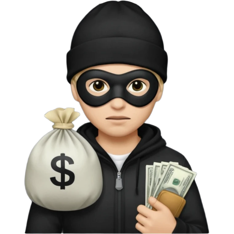 robber wears black eye mask and black beanies with money bag beside him emoji