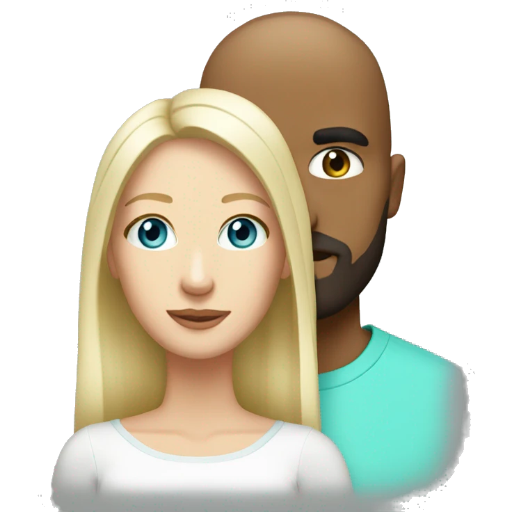 White couple. Male bald with beard. Aqua eyes. Woman long blonde brown highlight hair. 35. Aqua eyes.  emoji