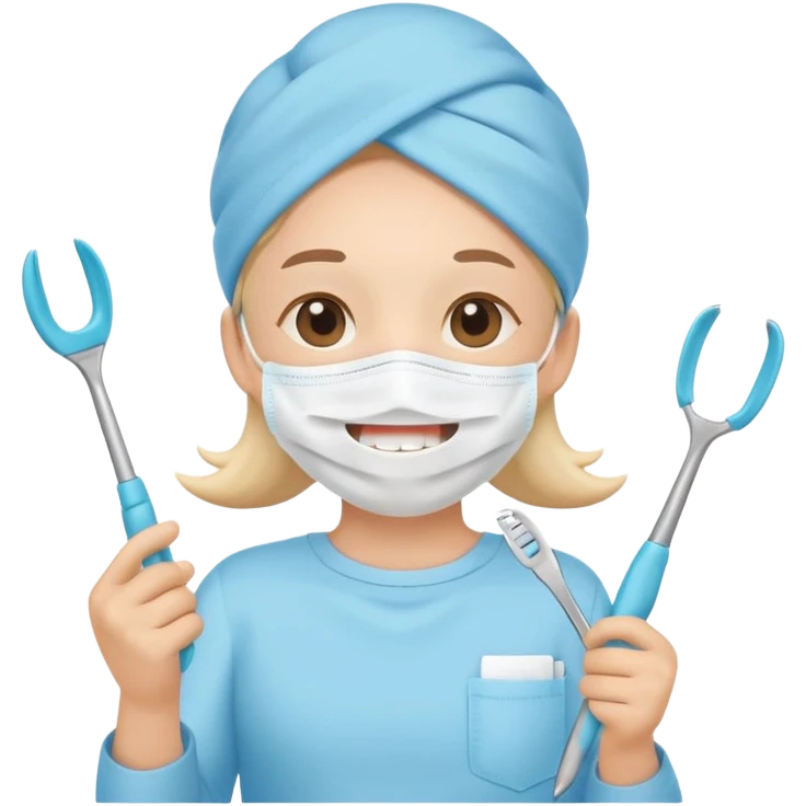 Cute tooth character wearing a face mask, holding dental tools, friendly and clean emoji style, flat illustration, simple design, white background. Diente animado no person emoji