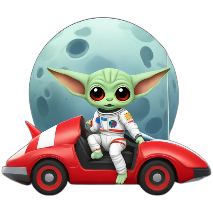 zombie michael jackson in thriller as baby yoda unicorn driving a red ferrary in an astronaut suit with peace flag on the moon emoji