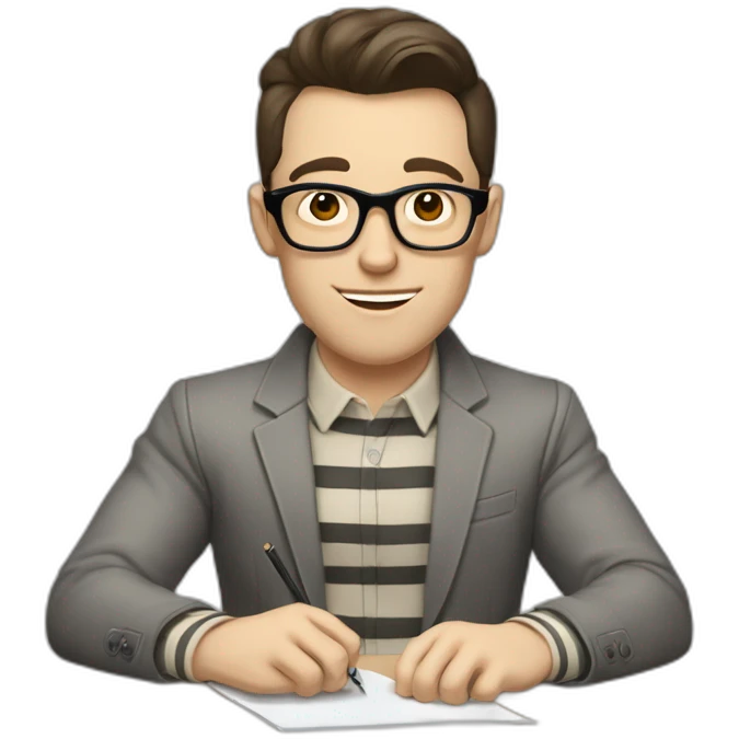 Pale skinned Fit Man With dark brown hair in gray jacket with stripe In the form of emblem Ψ, beige office shirt and vintage glasses Sitting at the table emoji