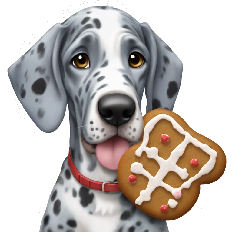 Blue Merle Great Dane eating gingerbread man emoji