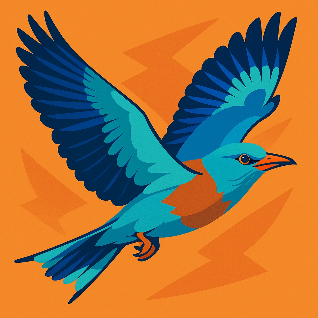 European Roller in flight, wings spread, showing blue and brown plumage, stylized illustration emoji