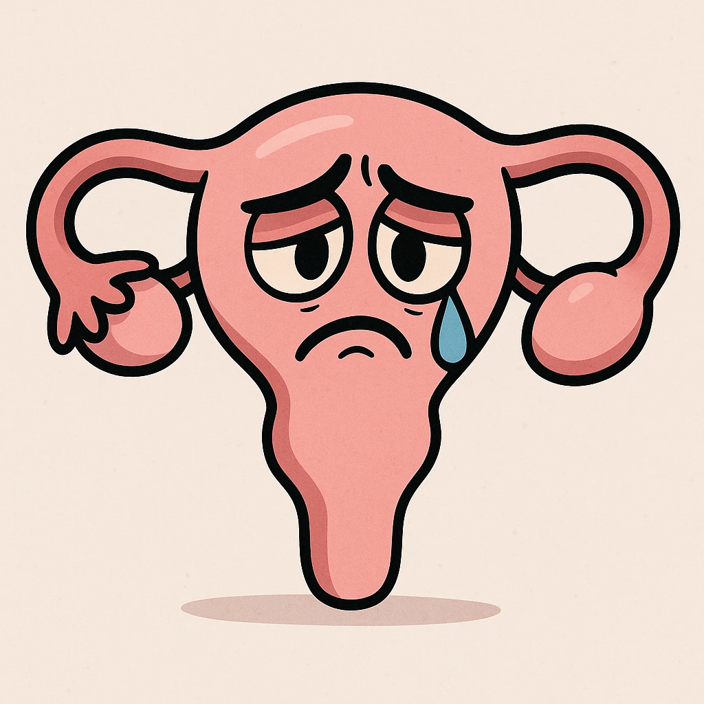 a cartoon uterus with a sad expression, teardrop, simple background, modern illustration style emoji