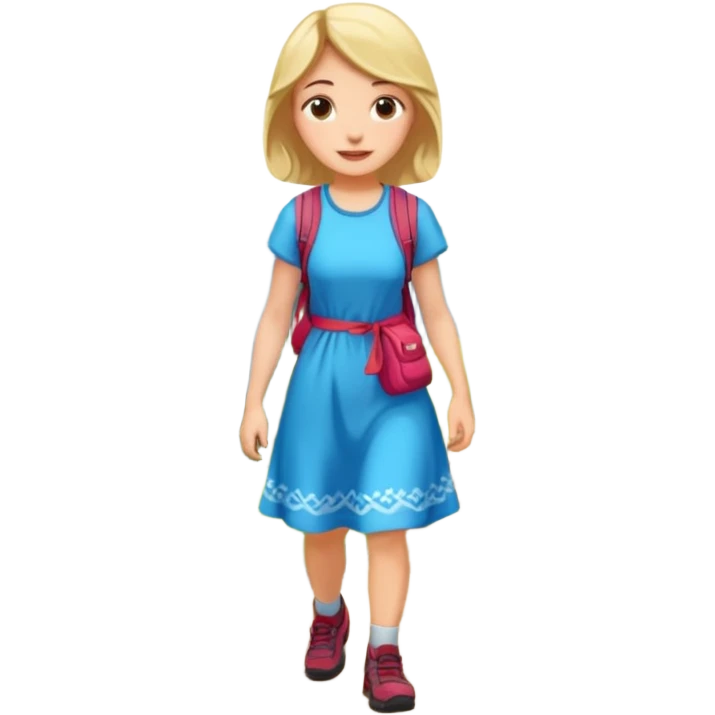 girl hiking in a dress, outdoors, cheerful emoji