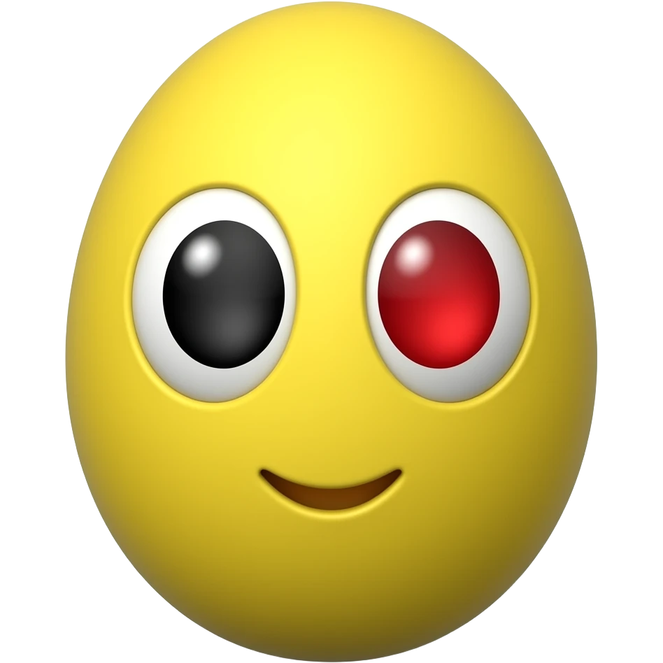 um ovo amarelo com um olho preto e o outro vermelho e uma boca emoji
