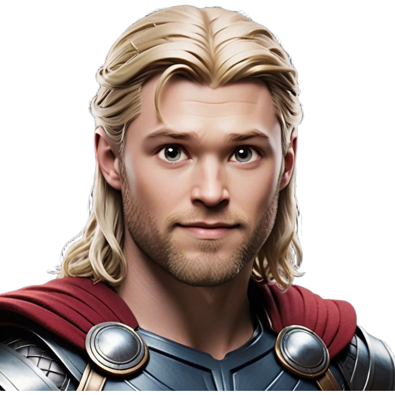 Cinematic Realistic Thor Portrait, head tilted playfully and inquisitively, showcasing his robust form and a warm, disarming smile. His expressive eyes and detailed armor are captured with lifelike clarity, as soft natural highlights reveal a side of the mighty god that is both approachable and full of mirth. emoji