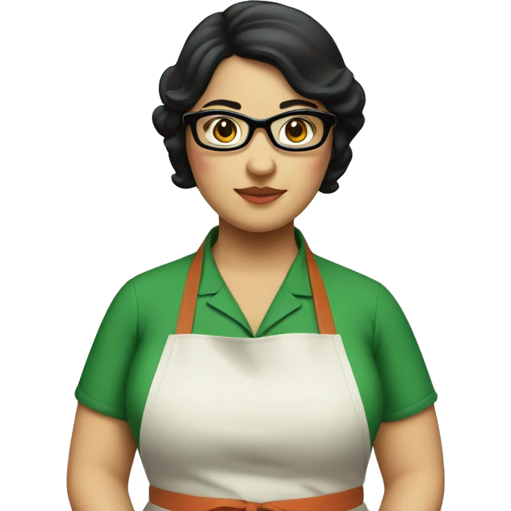 chubby lady with black hair green apron  with glasses cooking  emoji