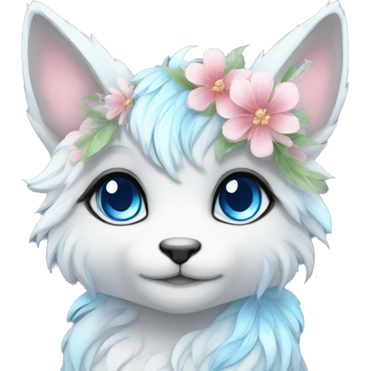 Anthro Cute Cool Kawaii gorgeous sparkly ethereal fantasy animal creature with blue eyes furry sona with flowers beautiful aesthetic emoji