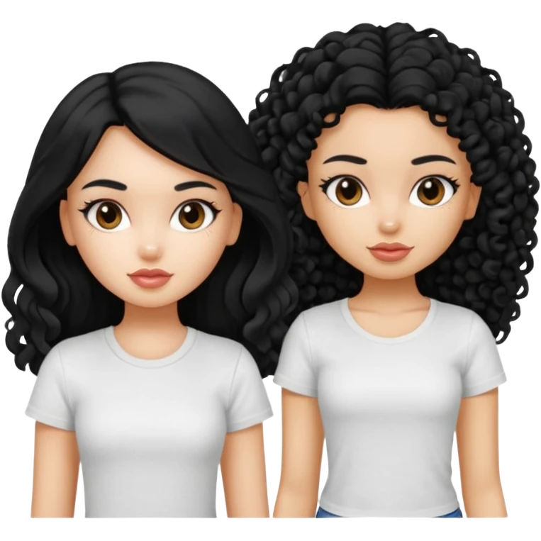 2 pretty bratz fair girls. One has straight black hair and is tan, wearing a white tshirt. One is fair with curly black hair, wearing a black tshirt  emoji