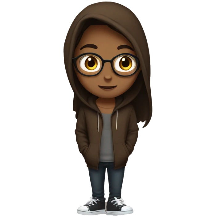 a girl with white skin, with long straight brown hair, in a brown hoodie, with a nose ring, a guy with glasses, with brown hair, with stubble, in a black hoodie, lovers emoji