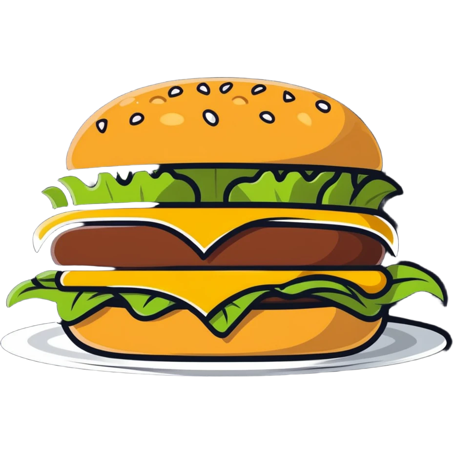cartoonish sticker of a hamburger with cheese, eggs, and lettuce emoji