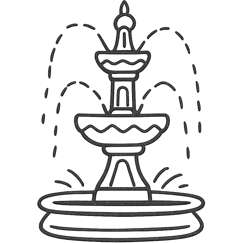 Casa Bonita Fountain, hand-drawn, black outline, whimsical, water jets, simple background emoji