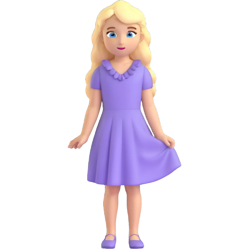 blonde girl with blue eyes and slight wavy hair wearing a lilac dress emoji