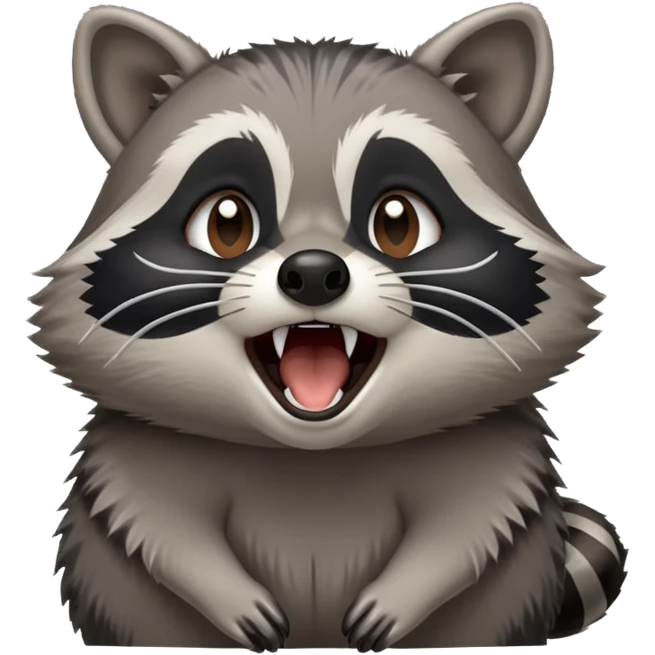 Cinematic-Cute-Yawning-Raccoon-Portrait-Emoji – Head tilted slightly with a dramatic, wide-open yawn, revealing a soft grey and black fur with a striped bushy tail, round brown eyes barely open in drowsy curiosity zoome out to show shoulders emoji