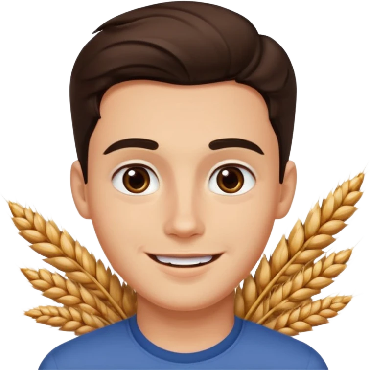 portrait of a young man with a square face, pronounced jawline, thick dark eyebrows, hazel almond-shaped eyes, full lips, wheat skin tone, dark brown wavy hair, happy smile emoji