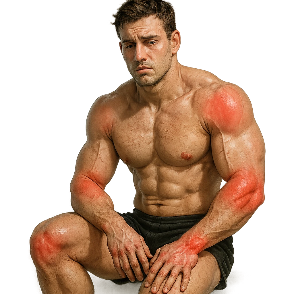 25-year-old bodybuilder with widespread joint pain, hyper realistic style, defined muscles, multiple joints highlighted in red, tired expression, text 'Dolore diffuso', clinical atmosphere, white background emoji