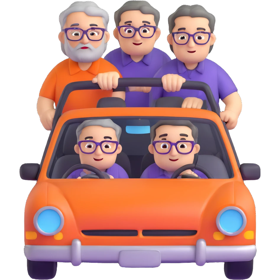 front view of an orange car with three people inside: driver male with chubby face, light stubble, purple shirt; front passenger middle-aged male with round face, gray hair, glasses, checkered shirt; rear passenger male with sharp face, black hair, glasses, black t-shirt emoji