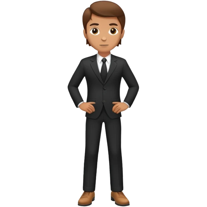 Caucasian male, brown hair, standing wearing dark suit and shoes, with hands on hips emoji