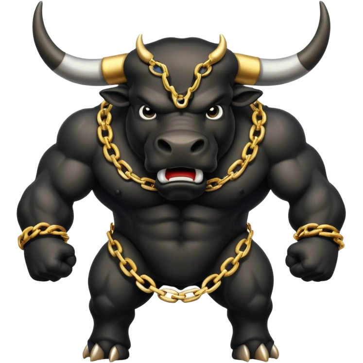 The emoji is an angry black powerful bull with steam coming out of its nose and a gold chain hanging from its neck with the inscription - bull run emoji