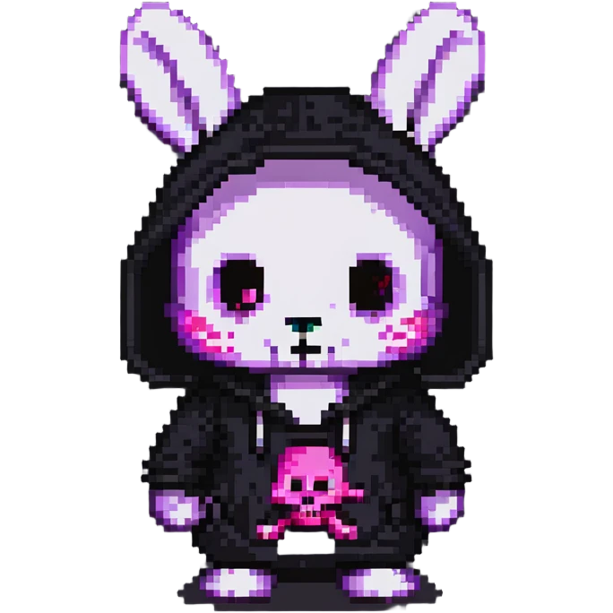 Kuromi character, purple bunny with a black hood and pink skull emoji
