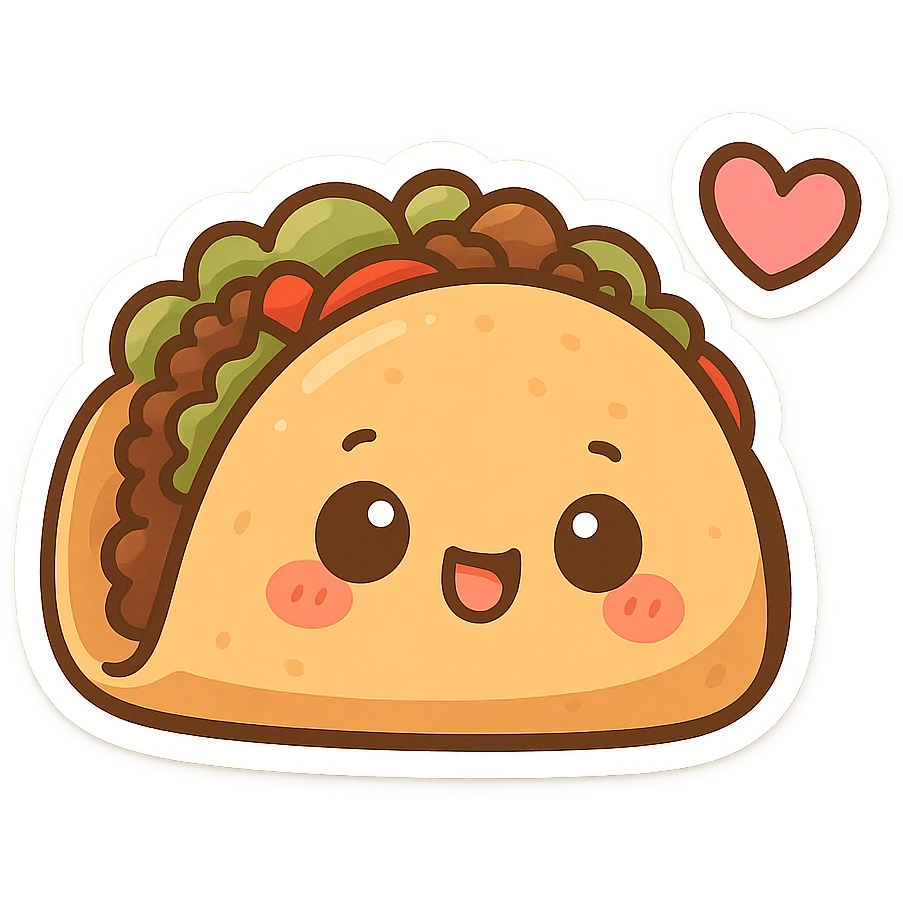 chibi sticker-style taco with a heart accent, cute and exaggerated emoji