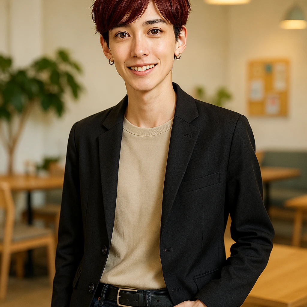 a slender person with dark red hair and brown eyes, friendly expression, modern outfit emoji