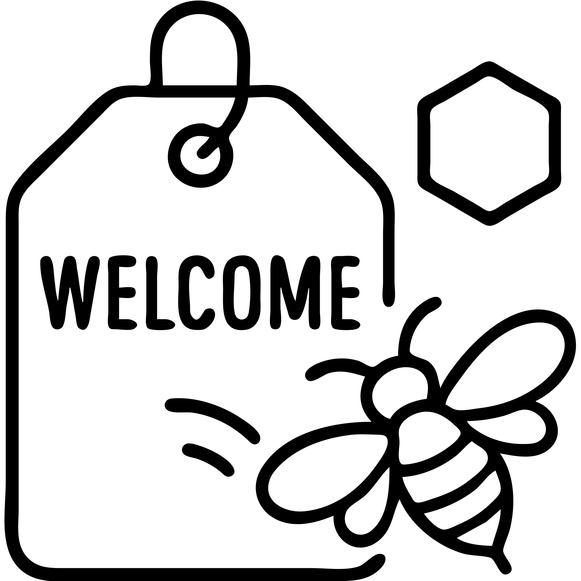 Welcome tag with buzzing bee, hexagon shape, 'WELCOME' text emoji