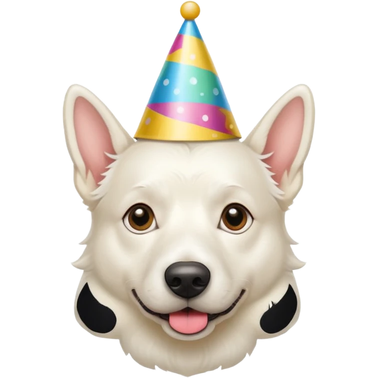 A White belgian dog wearing a party hat.   emoji