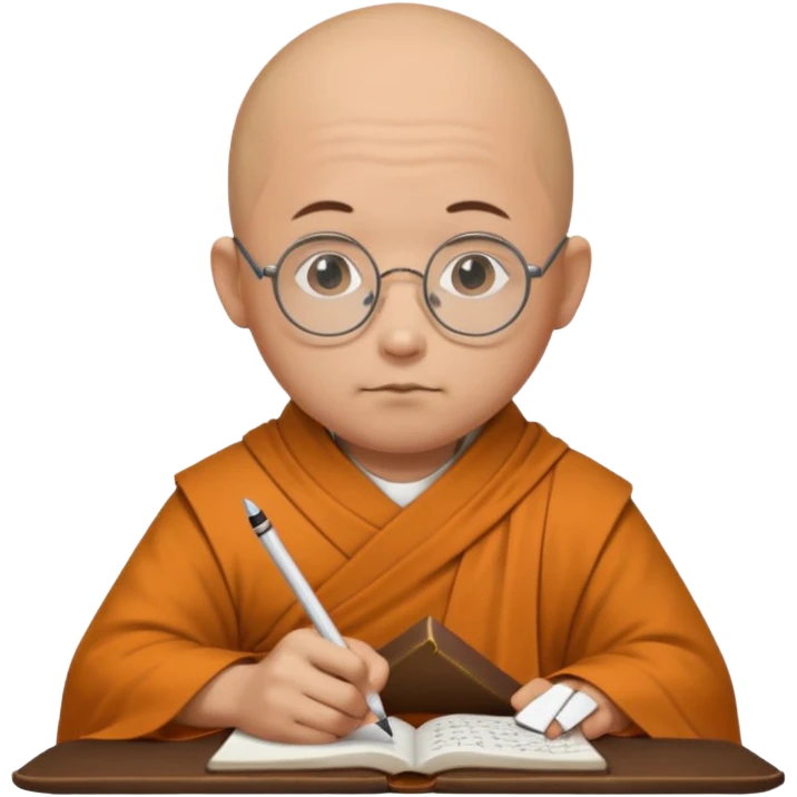 A bald scholar monk with round glasses, writing notes with quiet concentration.
 emoji