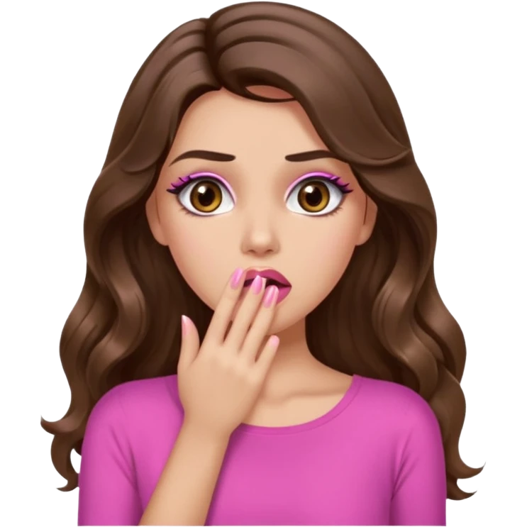 girl with long wavy brown hair, brown eyes, long lashes makeup, sexy pink lips, light to medium complexion, pink sexy top, shocked, hand covering mouth emoji