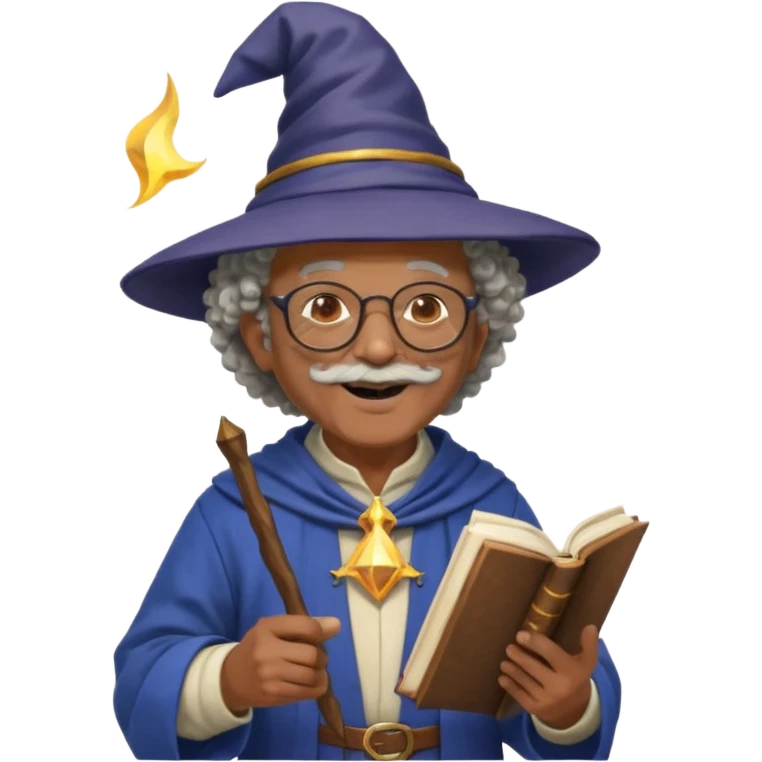 A Joyful Elderly Male with Brown skin and Curly hair, wearing a Traditional outfit, a Wizard hat, Sunglasses, carrying a Spellbook, working as a farmer, while drinking Coffee and reading a Textbook. emoji