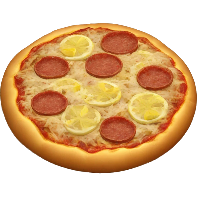 small round pizza bread with minced meat on top and a slice of lemon emoji