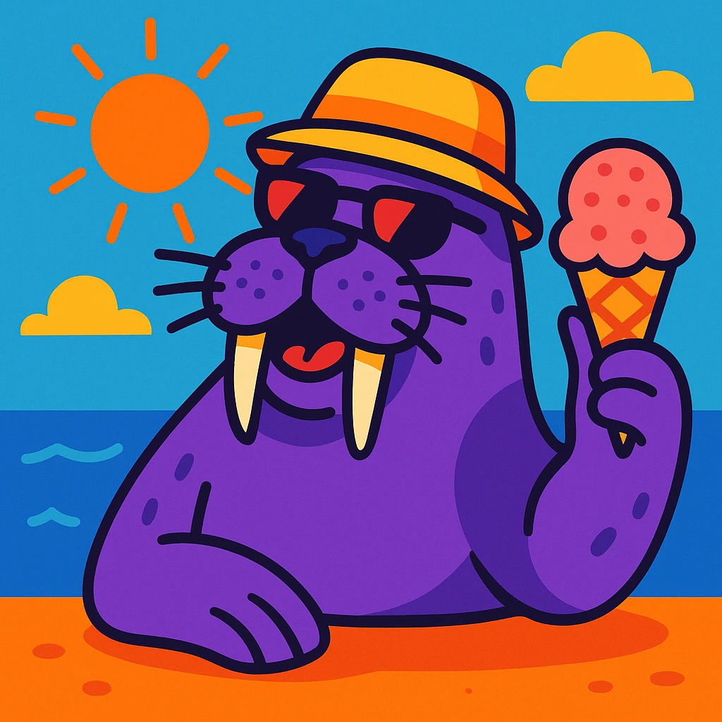 purple walrus enjoying summer, holding an ice cream, fun illustration emoji