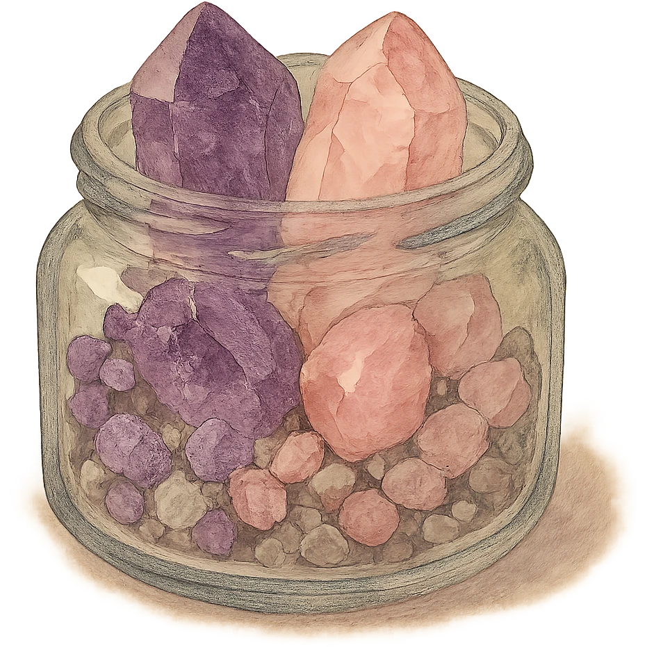 very realistic amethyst and rose quartz crystal pieces in an open glass jar, pretty small rough pebbles, mixed together, natural colors, soft, fairy-like atmosphere, no background, square size emoji