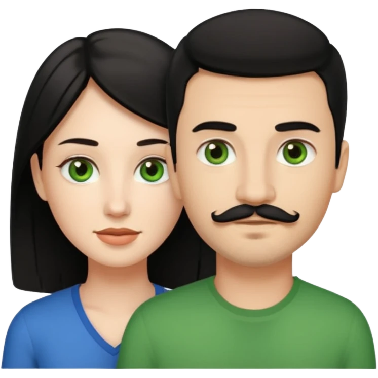 A girl with green eyes and black hair with her boyfriend with light brown eyes and light brown hair and the boyfriend has a goatee and mustache emoji