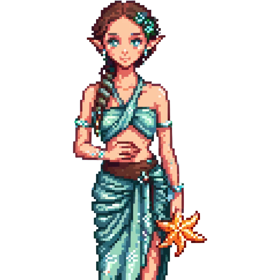 elf female Sarong with bioluminescent embroidery, armful of starfish, hair in a braid with pearl pins emoji