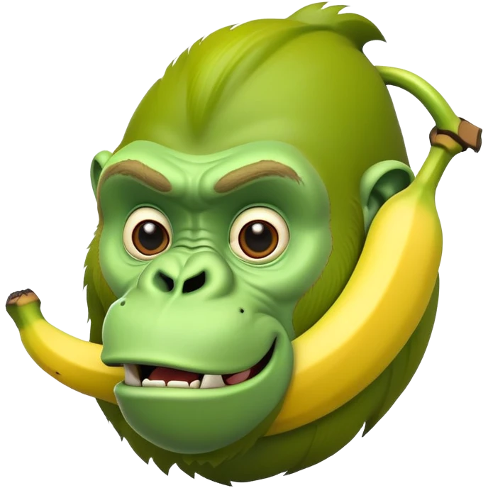 A yellow curved banana with a bright green gorilla head at the top, with gorilla facial features emoji